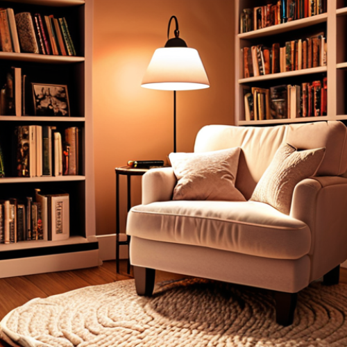 Home 15 **
"A cozy reading nook bathed in warm LED light. Comfortable armchair with cushions and a soft blanket, surrounded by bookshelves. Noise-canceling headphones are on the armrest. A serene and inviting atmosphere, perfect for focused reading. Emphasis on relaxation and concentration."
**