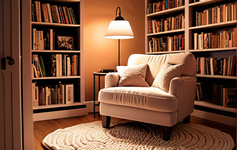 **

"A cozy reading nook bathed in warm LED light. Comfortable armchair with cushions and a soft blanket, surrounded by bookshelves. Noise-canceling headphones are on the armrest. A serene and inviting atmosphere, perfect for focused reading. Emphasis on relaxation and concentration."

**