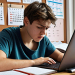 ** A student sitting at a desk, surrounded by books and notes, looking stressed but determined. A digital calendar and study apps are visible on a nearby laptop screen. The overall atmosphere should convey a sense of focused effort and the integration of traditional and digital study methods.

**