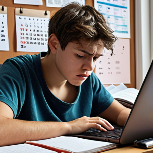 Home 14 ** A student sitting at a desk, surrounded by books and notes, looking stressed but determined. A digital calendar and study apps are visible on a nearby laptop screen. The overall atmosphere should convey a sense of focused effort and the integration of traditional and digital study methods.
**