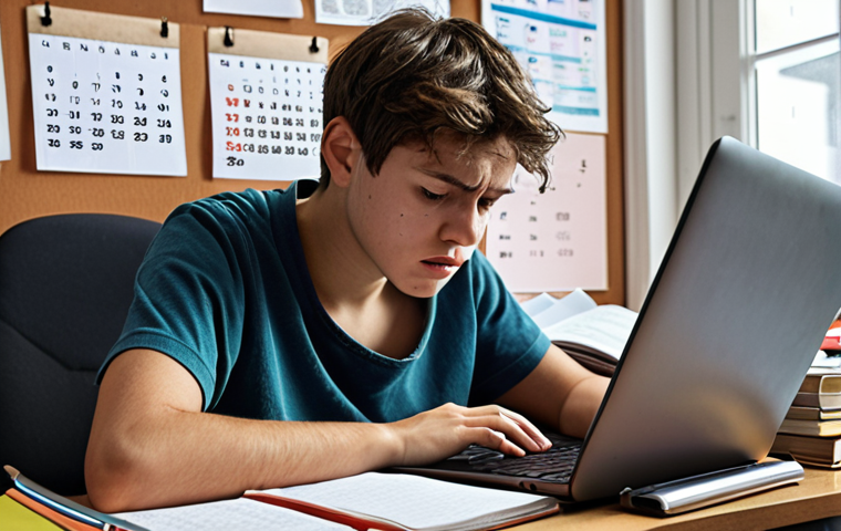** A student sitting at a desk, surrounded by books and notes, looking stressed but determined. A digital calendar and study apps are visible on a nearby laptop screen. The overall atmosphere should convey a sense of focused effort and the integration of traditional and digital study methods.

**