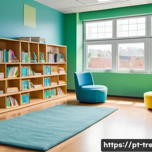 독서지도사 학습 환경 꾸미기 - A cozy and functional reading room designed for a Brazilian classroom, featuring ergonomic chairs wi...