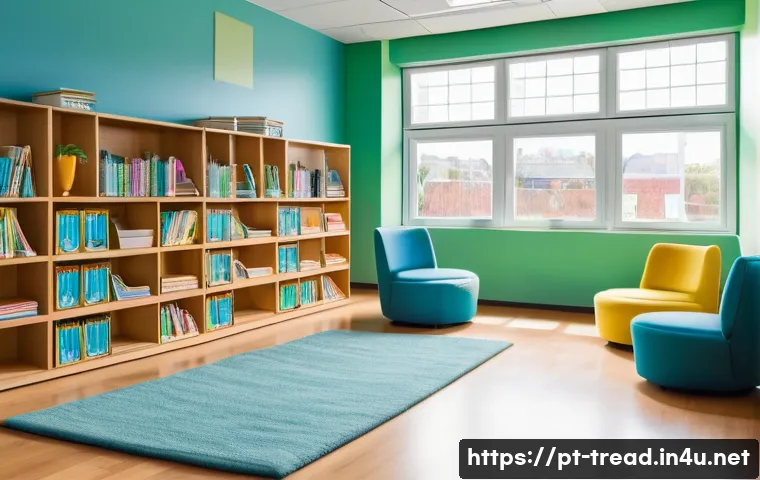 독서지도사 학습 환경 꾸미기 - A cozy and functional reading room designed for a Brazilian classroom, featuring ergonomic chairs wi...