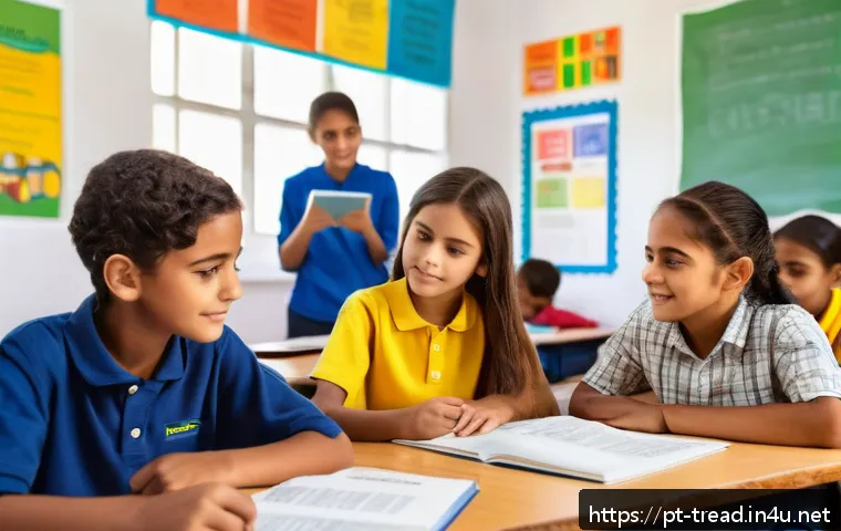 독서지도사 이론 완벽 정리 - A modern Brazilian classroom scene showing diverse students engaged in a critical reading activity, ...