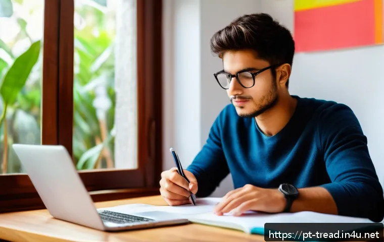독서지도사 자격증 시험 후기 - A focused young adult studying at a cozy home desk in Brazil, surrounded by colorful books on litera...
