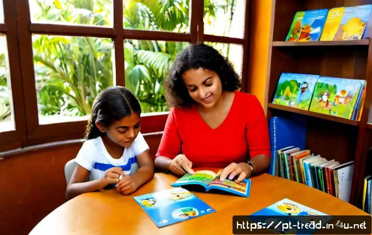 Home 17 독서지도사와 창의적 독서 방법 - Photorealistic reading guidance session in a bright Brazilian public library, a warm middle-aged fem...